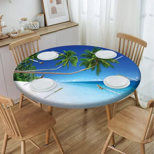 Vista 74 de Cubierta redonda con diseño de playa, borde elástico, picnic al aire libre, patio, fiesta o comedor interior, decoración de mesas de comedor, azul