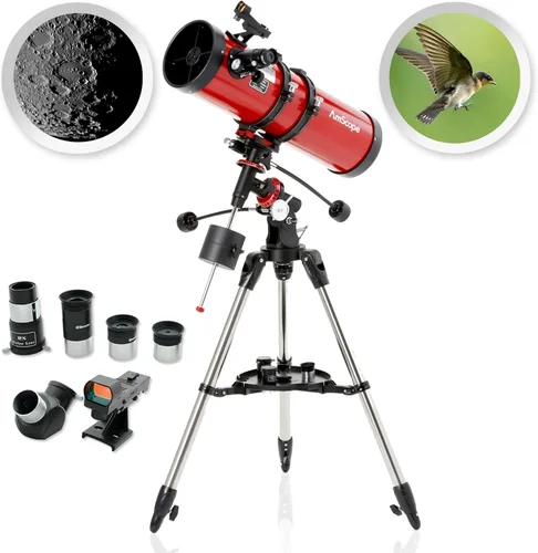 Vista 3 de AmScope Telescopio reflector EQ con montaje ecuatorial, apertura de 4.488 in, longitud focal de 35.433 in, trípode de acero inoxidable y buscador