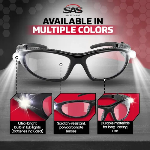 Vista 5 de Gafas de seguridad LED para inspectores Gafas protectoras Marco negro, lentes transparentes de policarbonato De bajo a alto impacto Luces