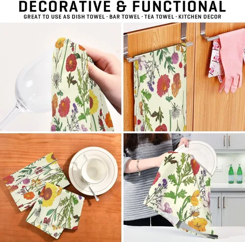 Vista 7 de Retro Wildflowers Botanical Yellow Towels Kitchen Sets, 28x18 Inches Absorbent Printed Hand Towels, Set of 6