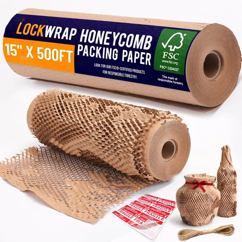 Vista 11 de Papel de embalaje de panal de abeja de 12" x 150 pies con cuerda y 20 calcomanías frágiles Suministros de envío y mudanza Suministros