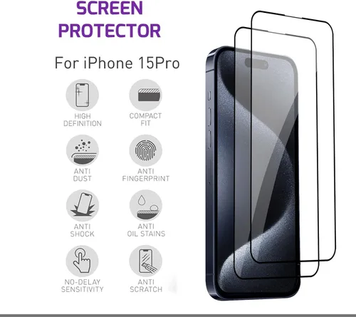 Vista 3 de Protector de pantalla de vidrio templado compatible con Apple iPhone 15 Pro (paquete de 2)