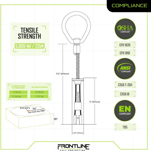 Vista 6 de Frontline COB345KSV Perno de Anclaje de Concreto Reutilizable 5K con Anillo en D Giratorio Cumple con ANSI, OSHA y EN Construido Resistente