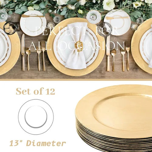 Vista 5 de MAONAME Platos base dorados de papel de aluminio, juego de 12, platos base de 13", platos base de plástico redondos para decoración de mesa, paquete