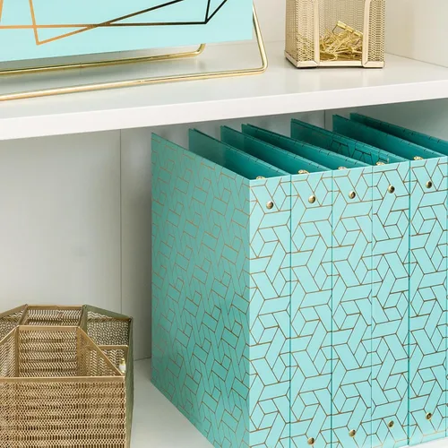 Vista 3 de BLU MONACO Aqua - Juego de 2 carpetas de 3 anillas Carpeta decorativa de 1 pulgada con cubierta tejida de lámina dorada, clips y bolsillos fáciles