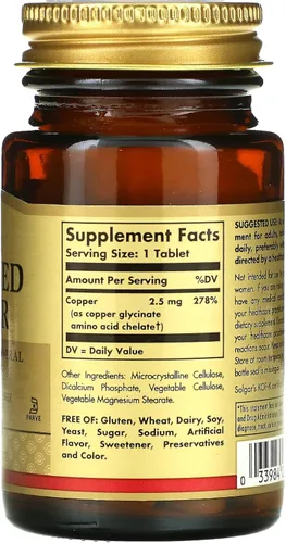 Vista 4 de Solgar Cobre quelado, 100 comprimidos, esencial para la formación de colágeno, forma altamente biodisponible, apoya el tejido conectivo, sin OMG