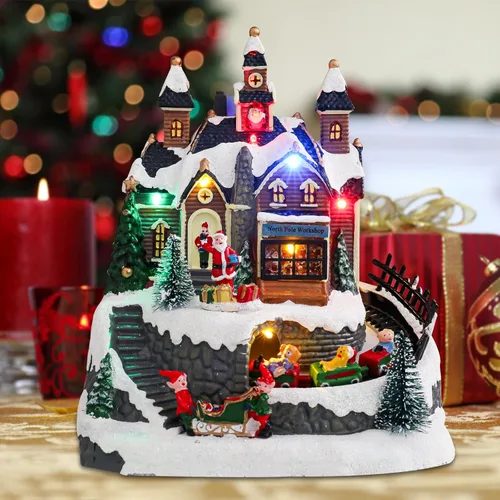 Vista 8 de Vipush Decoraciones de Casa de Pueblo Navideño de Resina Juego de Tren con Papá Noel Volador Decoración del Hogar Interior Figuras de Edificios Tren