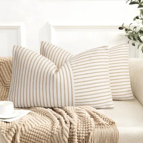 Vista 30 de Fundas de almohada de granja de 12 x 20 pulgadas, 2 fundas de almohada lumbares modernas, decorativas, de lino, con retazos de rayas negras y beige