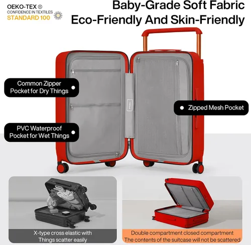Vista 3 de mixi Maletas de equipaje ligeras de mango ancho PC Hardshell equipaje con ruedas giratorias y cerradura TSA, con cubierta, Rojo -, Viajes