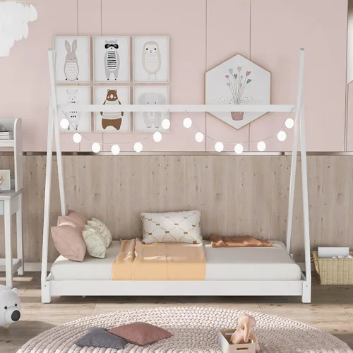 Vista 11 de Harper & Bright Designs Cama matrimonial para niños, cama de madera con cabecera y estribo, base de cama matrimonial para niños pequeños, cuna