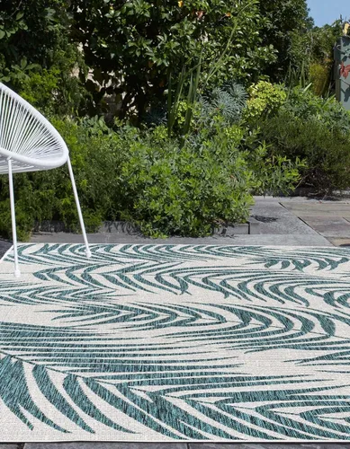 Vista 3 de Unique Loom - Tapete de la colección Outdoor Botanical, diseño de palmera (7.1 pies x 10 pies, rectangular, color verde azulado y marfil)