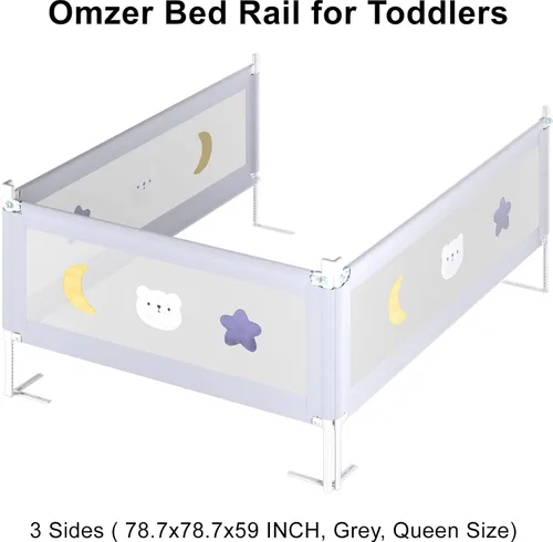 Vista 7 de omzer Barandillas de cama de 3 piezas para cama Queen – Riel de cama ajustable en altura para niños pequeños con bloqueo doble para niños, riel