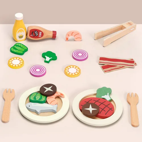Vista 4 de Comida de Juguete de Madera para Cocina Infantil - 24 Piezas de Accesorios de Cocina de Juego Pretendida Montessori, Juguetes Educativos