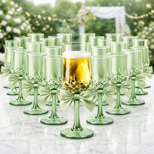 Vista 7 de LemonRoad 24 copas de vino de plástico de 3 onzas, copas vintage con lazos, copas de champán de coqueta, copas irrompibles para mujeres, cena, boda