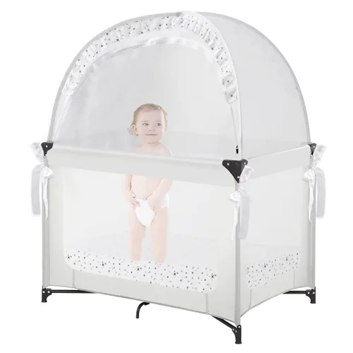 Vista 20 de L RUNNZER Tienda de campaña de seguridad para cuna, toldo desplegable para cuna para evitar que el bebé salga, mosquitera con marco resistente