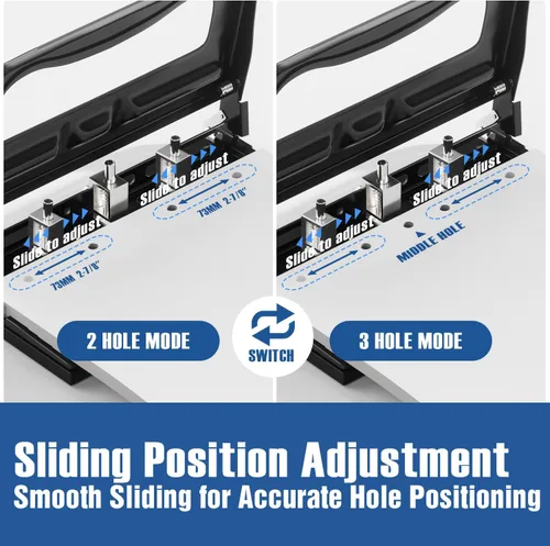 Vista 4 de XOOL Perforadora de 3 agujeros, perforadora de metal resistente para 2 o 3 agujeros, 9/32 pulgadas de diámetro de orificio de 0.276 in, capacidad