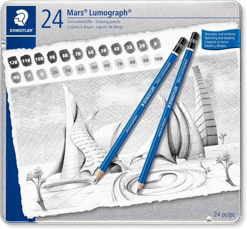 Vista 8 de Set de lápices de dibujo Staedtler Mars Lumograph de grafito, 6 grados (6B, 4B, 2B, B, HB, 2H), mini goma de borrar Mars de plástico, sacapuntas