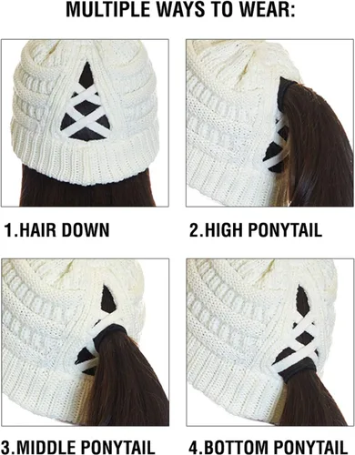 Vista 5 de C.C Exclusives - Gorro de invierno para mujer de punto trenzado con agujero para coleta o moño, gorro beanie para mujer (MB-20A)
