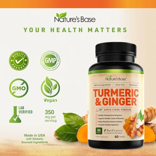 Vista 5 de Nature's Base Turmeric and Ginger Supplement - with Curcumin, Apple Cider Vinegar & BioPerine Black Pepper Extract - 95% Curcuminoids - 60 Capsules