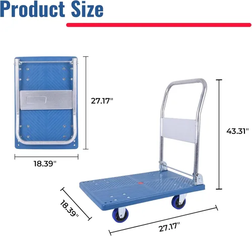 Vista 5 de Carrito pequeño de plataforma plana de 380 libras, carrito de plataforma plegable con ruedas giratorias, camión de mano con plataforma móvil