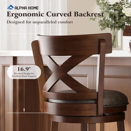 Vista 4 de ALPHA HOME Swivel Bar Stools with Backs, 26 Inch Bar Stools Set of 2, Wooden Bar Stools, 360 Degrees Bar Chairs with Solid Wood Legs & Wrap-Around