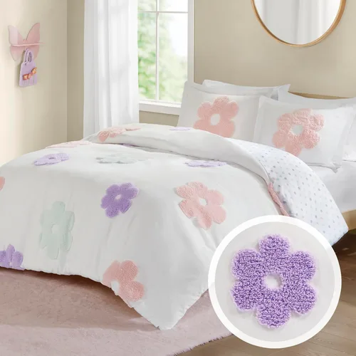 Vista 14 de Intelligent Design Cosmos - Juego de edredón infantil tamaño individual – Chenilla copetuda con estrella azul y luna, ropa de cama reversible de 2