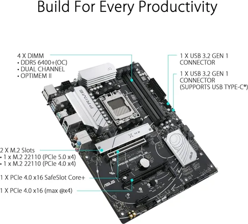 Vista 9 de ASUS Prime B650-PLUS AMD B650 AM5 Ryzen™ Desktop 9000 8000 y 7000 ATX Motherboard, DDR5, PCIe 5.0 M.2, LAN de 2.5 Gb, DP, HDMI®, SATA 6 Gbps, USB