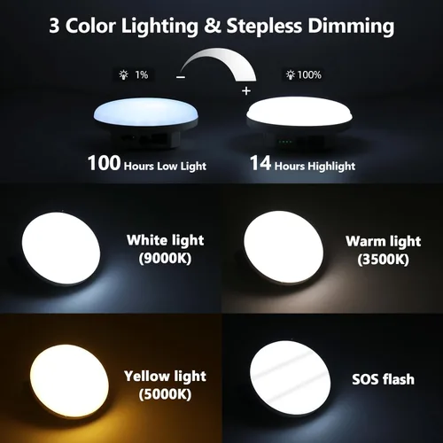 Vista 3 de Luz de carpa colgante recargable de 10000mAh con imán, LED de 30W 4000LM con 3 modos de iluminación de colores (control remoto), linterna