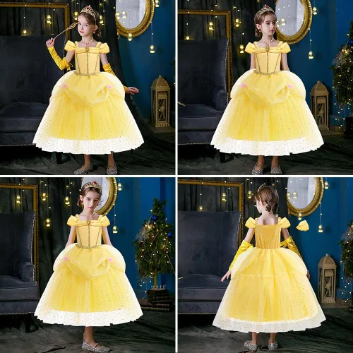 Vista 7 de TOLOYE Vestido de princesa para niñas pequeñas, vestido de disfraz de Bella con accesorios para fiesta de cumpleaños, cosplay, Halloween