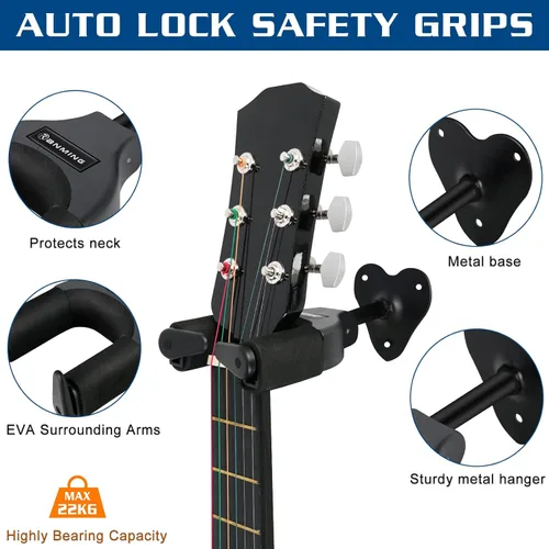 Vista 4 de Ranming Soporte de pared para guitarra, soporte de pared con bloqueo automático, base de metal para guitarra, ukelele, bajo, banjo y mandolina