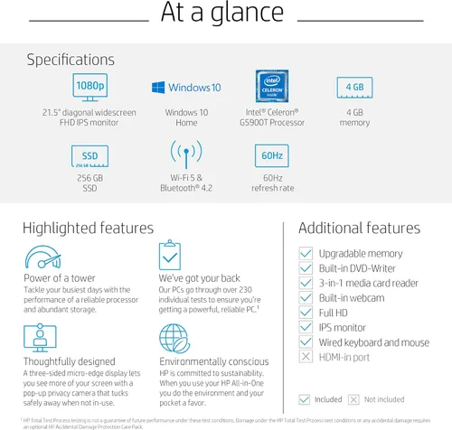 Vista 7 de HP 22-DF 21.5 pulgadas Full HD WLED Intel Celeron G5900T 4GB 256GB SSD Win 10 PC todo en uno