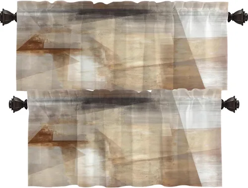 Vista 55 de Shrahala Beige and Orange Abstract Art Brushstrokes Tier Curtains for Kitchen Windows, Abstract Oil Paint Cafe Curtain Multilayer Polyester Blackout