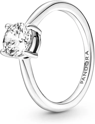 PANDORA Anillo solitario brillante para mujer, plata de ley con circonita cúbica, Plata Esterlina, Zirconia cúbica