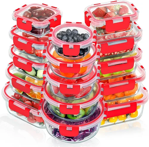 Vista 8 de VERONES Juego de 30 recipientes de vidrio para preparación de comidas, contenedores apilables de almacenamiento de alimentos con tapas, recipientes