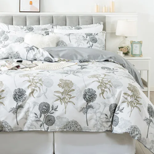 Vista 13 de FADFAY Juego de funda de edredón floral 100% algodón a rayas verdes y beige, ropa de cama de flores desgastadas con diseño de ramas botánicas