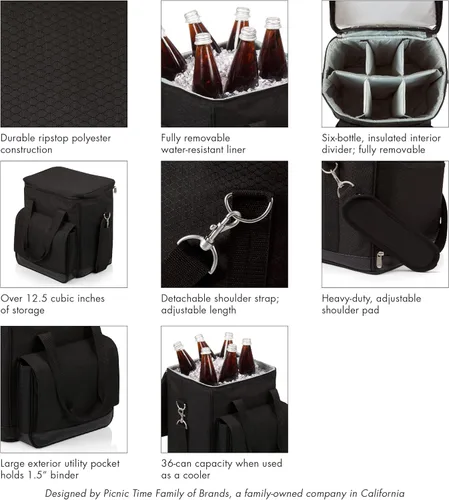 Vista 3 de PICNIC TIME Cellar - Bolsa transportadora de vino y enfriador de 6 botellas, bolsa térmica acolchada aislada para viajes, bolsa portátil resistente