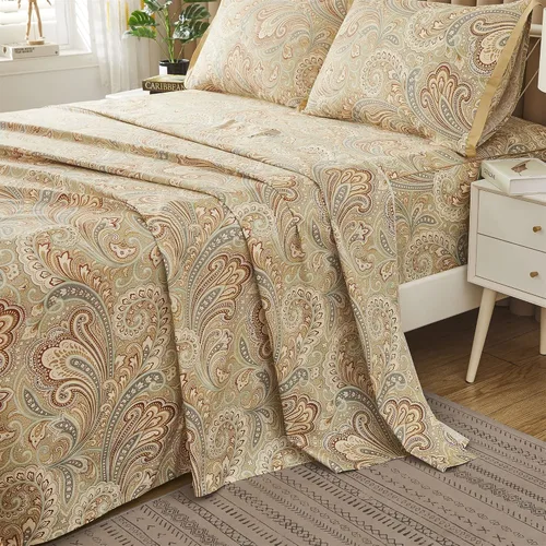 Vista 6 de ABREEZE Juego de sábanas de lujo 100% algodón natural puro, juego de ropa de cama de 4 piezas con estampado de cachemira dorada, calidad de hotel