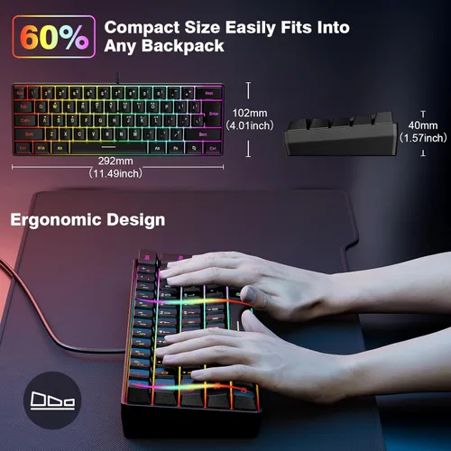 Vista 5 de Snpurdiri Teclado para juegos 60% con cable, mini teclado ultracompacto retroiluminado RGB, impermeable, pequeño, compacto, 61 teclas para jugadores