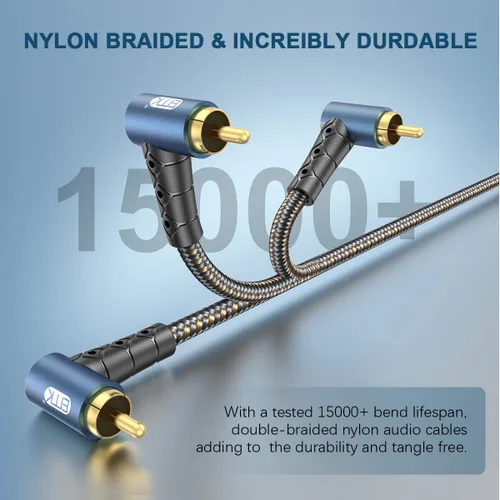 Vista 7 de EMK Cable de subwoofer RCA de 90 grados, cable de audio RCA a RCA, de nailon chapado en oro de 24 quilates, trenzado de doble blindaje, analógico