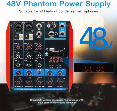 Vista 3 de Mezclador de audio de 4 canales, mini consola portátil de placa de sonido con interfaz de audio USB de 48 V Phantom Power Bluetooth USB MP3 DJ Mixer