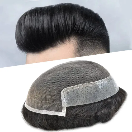 Vista 36 de Pieza de pelo para hombre, cabello humano real, suave encaje suizo frontal, tupé para hombres, sistema de cabello, extensiones capilares para hombre