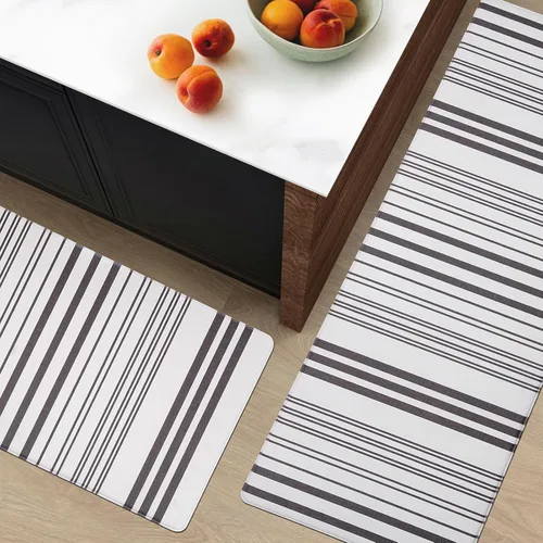 Vista 2 de FRESHMINT Farmhouse - Juego de 2 tapetes de cocina antifatiga a rayas, acolchados de espuma para piso, tapete cómodo antideslizante impermeable