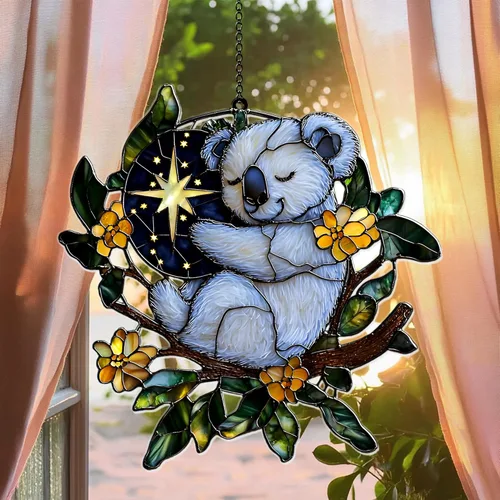 Cute Sleeping Koala Acrylic Suncatcher - Faux Stained Glass Indoor Window Hanging Ornament, Outdoor Sun Catcher Panel, Home Decor Gift for Koala de Glacier Kraft