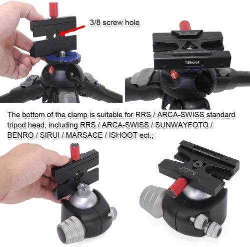 Vista 4 de iShoot Convertidor de abrazadera adaptadora compatible con Manfrotto 200PL 410PL, Arca-Swiss Fit Placa de liberación rápida y cabezal de trípode