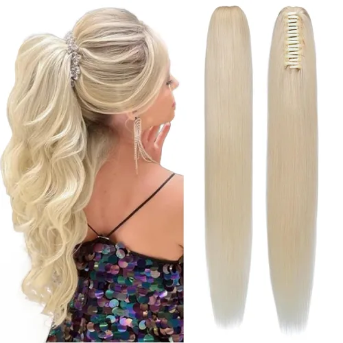 Vista 13 de Extensión de Cola de Caballo con Clip de Garra, Extensión de Cola de Caballo 100% Cabello Humano, Sin Enredos y Suave, 105g, 14 Pulgadas #Rubio