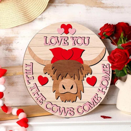 Vista 5 de Letrero de bienvenida rústico con diseño de vaca para el día de San Valentín, decoración para puerta delantera, porche, corona al aire libre
