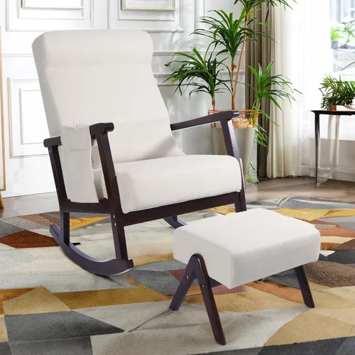 Vista 9 de NOBLEMOOD Mecedora tapizada con otomana, moderna silla mecedora para habitación del bebé, sillón de madera maciza con respaldo alto con asiento