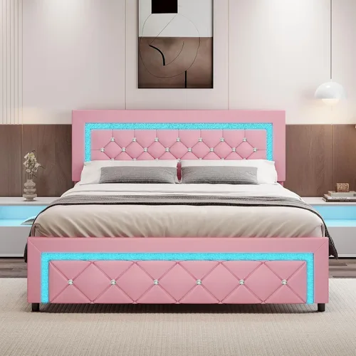 Vista 8 de Marco de cama matrimonial con luces LED, plataforma tapizada con cabecera capitonado tipo diamante, no necesita somier, sin ruido, fácil montaje