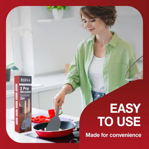 Vista 7 de Paquete de 2 espátulas de silicona, espátulas ranuradas antiadherentes con mango de madera, juego de utensilios de cocina de madera ideal