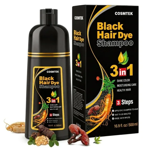 Champú de tinte negro para cabello gris, champú semipermanente de color para el cabello para mujeres y hombres, hierbas y sin amoníaco, cobertura 3